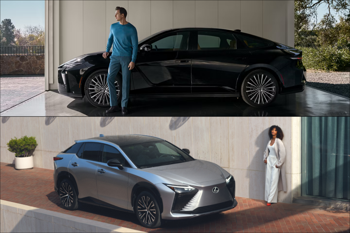 Image of two electric vehicles: Lexus ES and Lexus RZ, both including a person standing nearby.