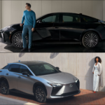 Image of two electric vehicles: Lexus ES and Lexus RZ, both including a person standing nearby.